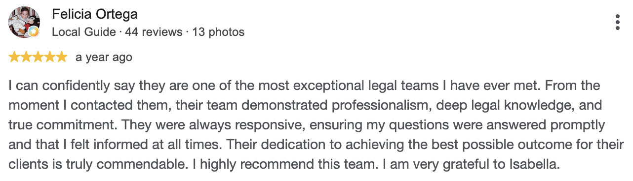 Google review from Felicia Ortega, 5 stars